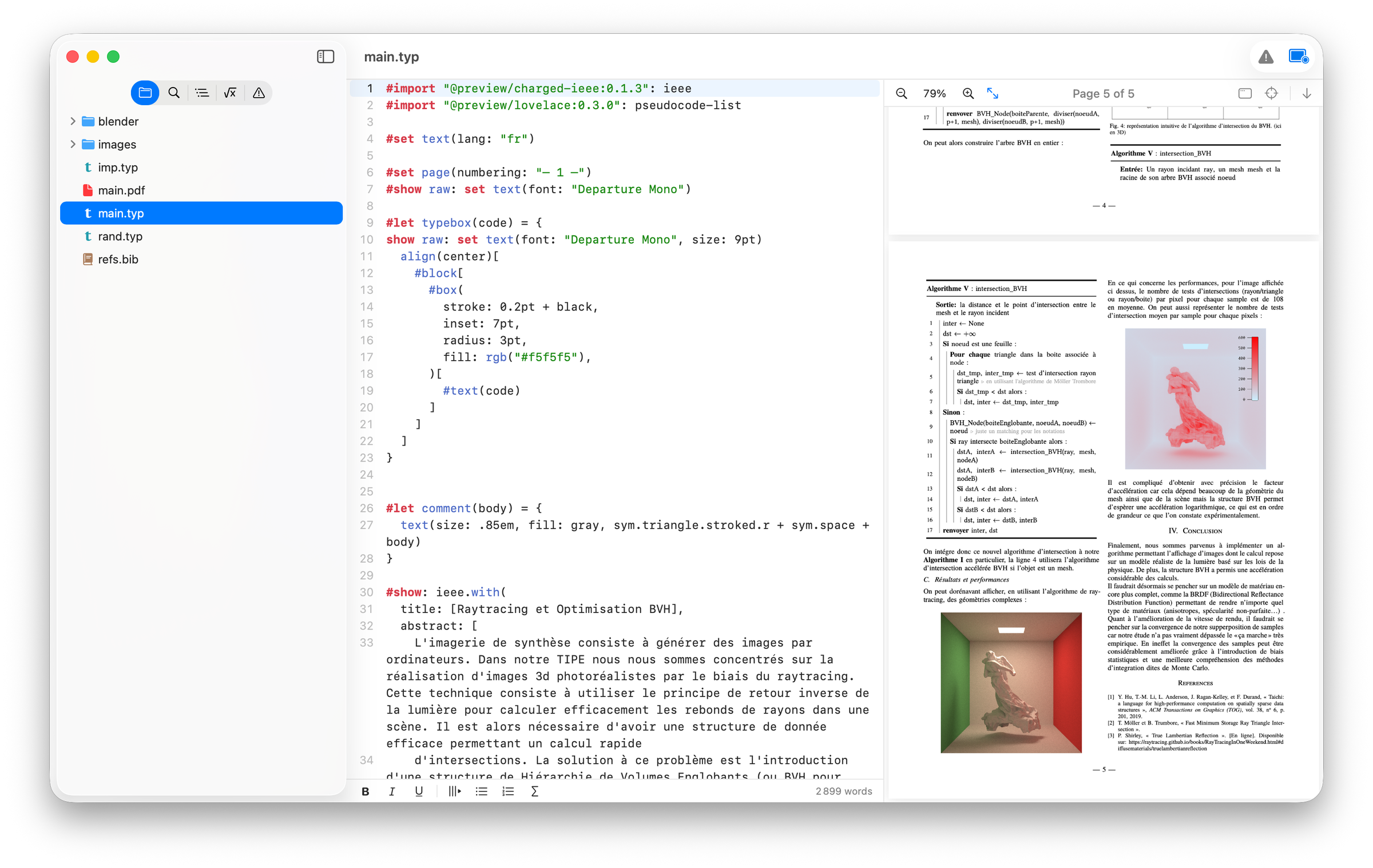 The Edist window: Typst source on the left, live PDF preview on the right, file sidebar.