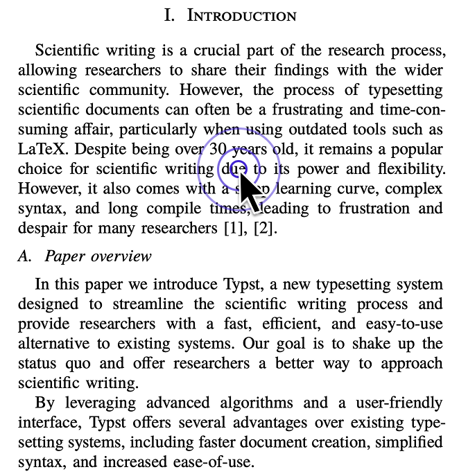 A rendered Typst PDF page in Edist’s preview — click any text to jump to its source line.