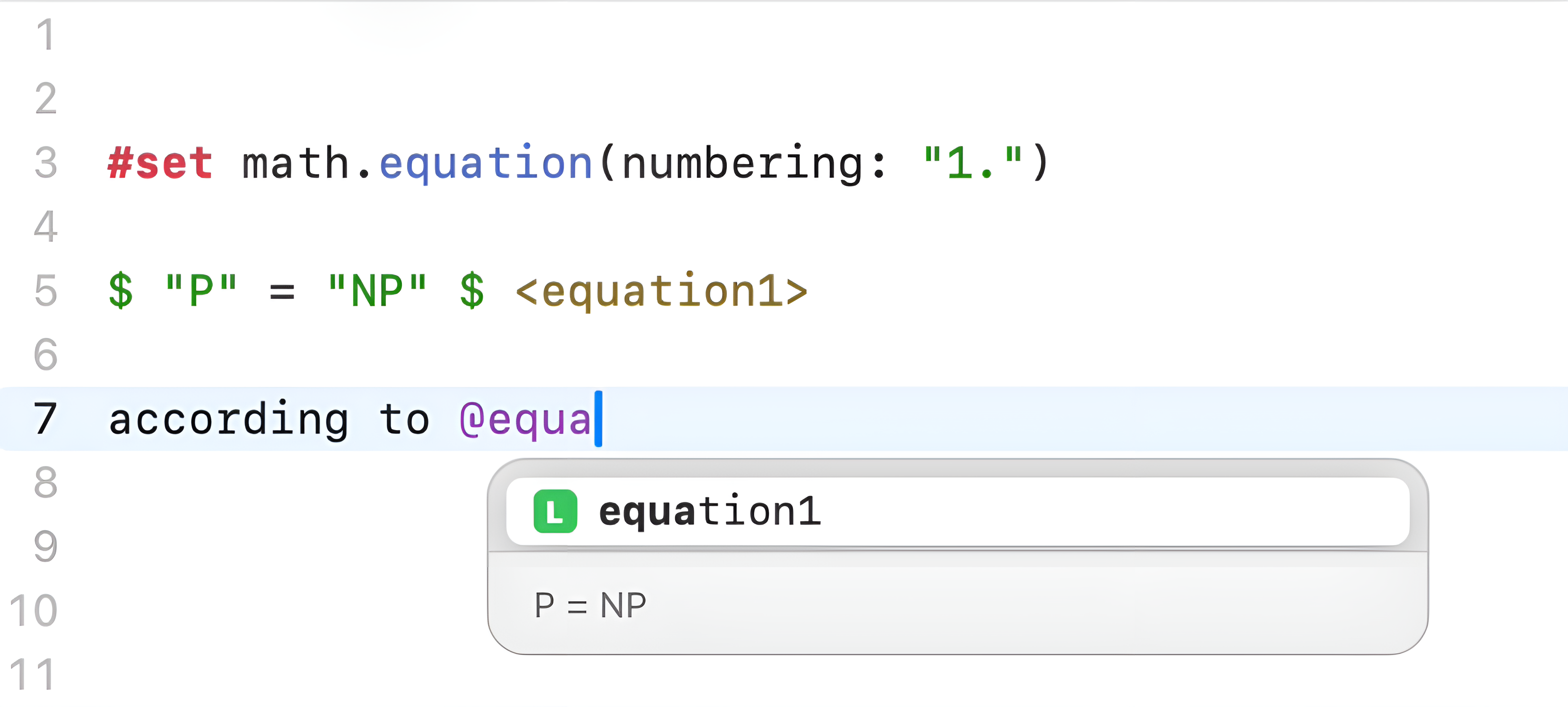 Edist autocompleting a Typst label reference: typing @equa suggests equation1 with a preview of its content, P = NP.