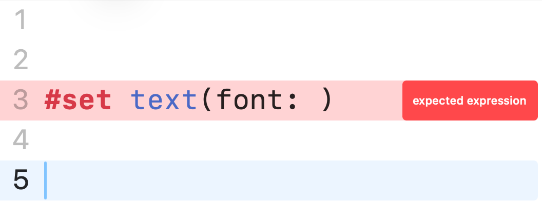 Edist flagging a Typst error inline: #set text(font: ) is highlighted with an 'expected expression' message.