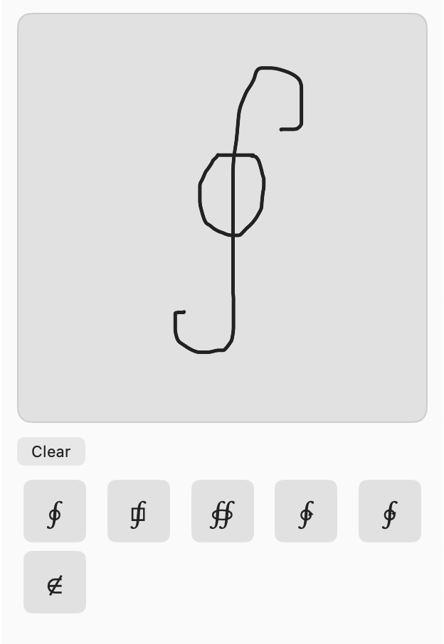Edist’s symbol pad: a hand-drawn integral sign with recognized Typst symbol suggestions below.