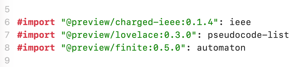 A Typst file importing @preview packages (charged-ieee, lovelace, finite) that Edist resolves and downloads automatically.